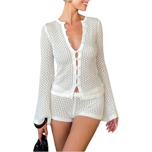 image:imageMakeMeChic Womens Swimsuit Coverup Long Sleeve Shirt and Shorts Crochet Sets Beach Cover UpsWhite