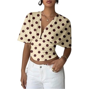 image:imageMakeMeChic Womens Y2k Crop Tops Deep V Neck Dolman Sleeve Tops Summer Blouse Going Out TopsYellow Polka Dots