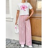 image:imageMakeMeChic Womens Maternity 2 Piece Summer Outfits Floral Short Sleeve Tee and Striped Pants Pregnancy SetsWhite and Pink