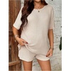image:imageMakeMeChic Womens Maternity 2 Piece Summer Outfits Waffle Knit Tee Top and Drawstring Shorts Pregnancy SetsApricot