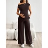 image:imageMakeMeChic Womens Maternity Summer 2 Piece Outfits Asymmetrical Tops and Pants Pregnancy Matching SetBrown