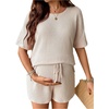 image:imageMakeMeChic Womens Maternity 2 Piece Summer Outfits Waffle Knit Tee Top and Drawstring Shorts Pregnancy SetsApricot