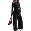 image:imageMakeMeChic Womens Maternity Clothes 2 Piece Spring Outfits Asymmetrical Top and Pants Matching SetsBlack