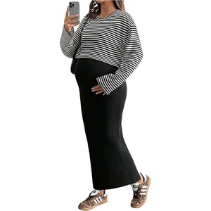 image:imageMakeMeChic Womens Maternity 2 Piece Outfits Sleeveless Long Cami Dress and Crop Tops SetBlack and White