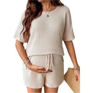 image:imageMakeMeChic Womens Maternity 2 Piece Summer Outfits Waffle Knit Tee Top and Drawstring Shorts Pregnancy SetsApricot