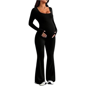 image:imageMakeMeChic Womens Maternity Jumpsuit Scoop Neck Long Sleeve Flare Leg Yoga Leggings RomperBlack