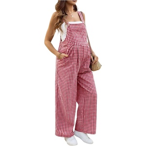 image:imageMakeMeChic Womens Maternity Overalls Summer Gingham Sleeveless Wide Leg Y2K Pregnancy JumpsuitsRed