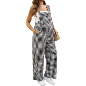 image:imageMakeMeChic Womens Maternity Overalls Summer Gingham Sleeveless Wide Leg Y2K Pregnancy JumpsuitsWhite and Black