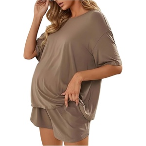 image:imageMakeMeChic Womens Maternity Sets 2 Piece Short Sleeve Crewneck T Shirts and Shorts Casual Maternity OutfitsBrown