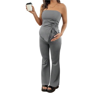 image:imageMakeMeChic Womens Maternity Sets 2 Piece Summer Outfits Ruched Tube Top and Pants Pregnancy Matching SetDark Grey