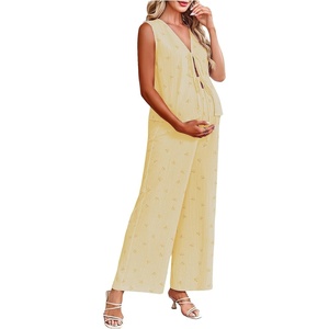 image:imageMakeMeChic Womens Maternity Summer 2 Piece Outfits Pregnancy Boho Vacation Striped Bow Top and Pants SetLight Yellow