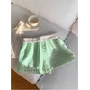 image:imageWomens Striped Elastic Waist Shorts Button Summer ShortsGreen