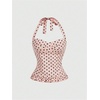 image:imageMakeMeChic Womens 3 Pack Casual Halter Tops Polka Dots Gingham Print Shirred Back Summer Tank TopsBrown and Pink