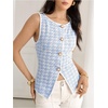 image:imageMakeMeChic Womens Houndstooth Button Down Tank Tops Sleeveless Work Vest WasitcoatBlue