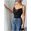 image:imageMakeMeChic Womens Satin Silk Lace Camisole Top Spaghetti Lace Trim V Neck Cami Top Draped Front Sleeveless Summer TopBlack