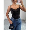 image:imageMakeMeChic Womens Satin Silk Lace Camisole Top Spaghetti Lace Trim V Neck Cami Top Draped Front Sleeveless Summer TopBlack