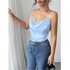 image:imageMakeMeChic Womens Satin Silk Lace Camisole Top Spaghetti Lace Trim V Neck Cami Top Draped Front Sleeveless Summer TopBlue
