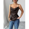 image:imageMakeMeChic Womens Satin Silk Lace Camisole Top Spaghetti Lace Trim V Neck Cami Top Draped Front Sleeveless Summer TopCoffee Brown