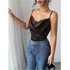 image:imageMakeMeChic Womens Satin Silk Lace Camisole Top Spaghetti Lace Trim V Neck Cami Top Draped Front Sleeveless Summer TopCoffee Brown