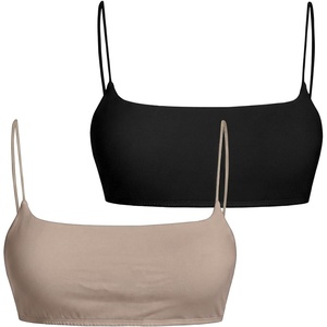 image:imageMakeMeChic Women Square Neck Wireless Crop Bra  Spaghetti Straps WireFree Stretch Fabric Sports Bra Crop Top Soft Light Bra For Yoga Gym Daily Casual Workout WearBlackApricot