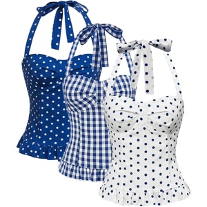 image:imageMakeMeChic Womens 3 Pack Casual Halter Tops Polka Dots Gingham Print Shirred Back Summer Tank TopsBlue