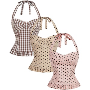 image:imageMakeMeChic Womens 3 Pack Casual Halter Tops Polka Dots Gingham Print Shirred Back Summer Tank TopsBrown and Pink