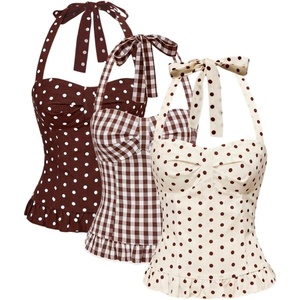 image:imageMakeMeChic Womens 3 Pack Casual Halter Tops Polka Dots Gingham Print Shirred Back Summer Tank TopsMocha Brown