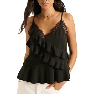 image:imageMakeMeChic Womens Floral Lace Trim Crop Tank Top Spaghetti Strap Sleeveless Ruffle Y2K Cami TopsBlack