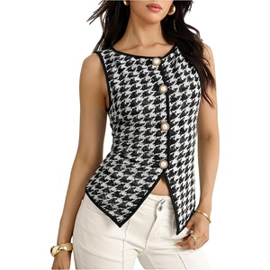 image:imageMakeMeChic Womens Houndstooth Button Down Tank Tops Sleeveless Work Vest WasitcoatBlack and White