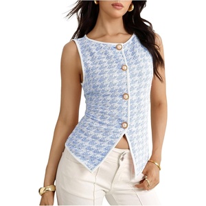 image:imageMakeMeChic Womens Houndstooth Button Down Tank Tops Sleeveless Work Vest WasitcoatBlue