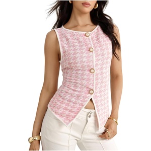 image:imageMakeMeChic Womens Houndstooth Button Down Tank Tops Sleeveless Work Vest WasitcoatPink