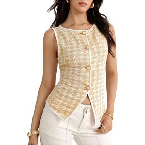 image:imageMakeMeChic Womens Houndstooth Button Down Tank Tops Sleeveless Work Vest WasitcoatYellow