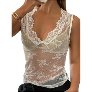 image:imageMakeMeChic Womens Lace Sheer Tank Tops Deep V Neck Sleeveless Night Out ShirtWhite