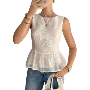 image:imageMakeMeChic Womens Ruffle Tank Crewneck Jacquard Sleeveless Dressy Elegant Tops BlouseApricot