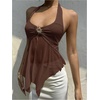 image:imageMakeMeChic Womens Cute Summer Halter Tank Tops Tie Backless Metal Split Sleeveless Y2k Crop TopCoffee Brown