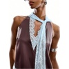 image:imageMakeMeChic Womens Lace Trim Camisole Tops Satin Halter Sleeveless Asymmetrical Going Out Tank TopsCoffee Brown