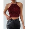 image:imageMakeMeChic Womens Sequin Halter Top Sparkly Tie Open Back Party Club Crop TopsBurgundy