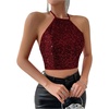 image:imageMakeMeChic Womens Sequin Halter Top Sparkly Tie Open Back Party Club Crop TopsBurgundy