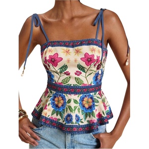 image:imageMakeMeChic Womens Boho Floral Cami Top Tie Shoulder Ruffle Smocked Vacation TopsMulticolor