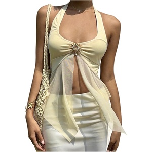 image:imageMakeMeChic Womens Cute Summer Halter Tank Tops Tie Backless Metal Split Sleeveless Y2k Crop TopYellow