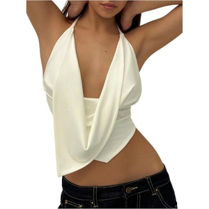 image:imageMakeMeChic Womens Draped Front Halter Crop Tops Tie Open Back Going Out TankWhite