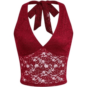 image:imageMakeMeChic Womens Lace Halter Top Backless Sexy Cut Festival Rave Going Out TopsBurgundy