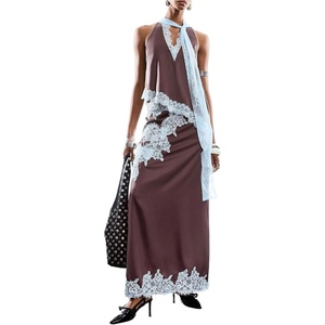 image:imageMakeMeChic Womens Lace Trim Camisole Tops Satin Halter Sleeveless Asymmetrical Going Out Tank TopsCoffee Brown
