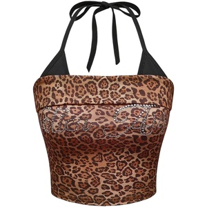 image:imageMakeMeChic Womens Pink Y2K Tops Cheetah Print Halter Rhinestone Tie Backless Summer Crop TopsMulticolor
