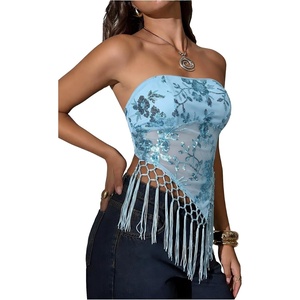 image:imageMakeMeChic Womens Sequin Tube Top Fringe Y2K Tassel Mesh Sheer Rave Sparkly Party Tops Concert OutfitsBlue