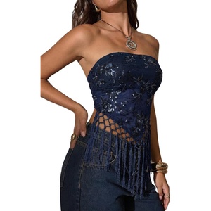 image:imageMakeMeChic Womens Sequin Tube Top Fringe Y2K Tassel Mesh Sheer Rave Sparkly Party Tops Concert OutfitsBlue Sequin