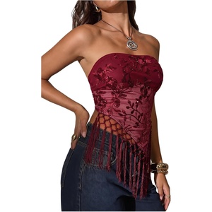 image:imageMakeMeChic Womens Sequin Tube Top Fringe Y2K Tassel Mesh Sheer Rave Sparkly Party Tops Concert OutfitsRed