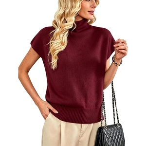 image:imageMakeMeChic Womens Turtleneck Sweater Vest Mock Neck Cap Sleeve Summer Knit Tops Pullover SweatersBurgundy