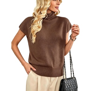 image:imageMakeMeChic Womens Turtleneck Sweater Vest Mock Neck Cap Sleeve Summer Knit Tops Pullover SweatersCoffee Brown