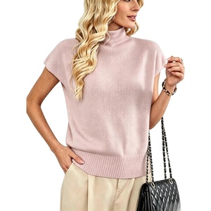 image:imageMakeMeChic Womens Turtleneck Sweater Vest Mock Neck Cap Sleeve Summer Knit Tops Pullover SweatersPink